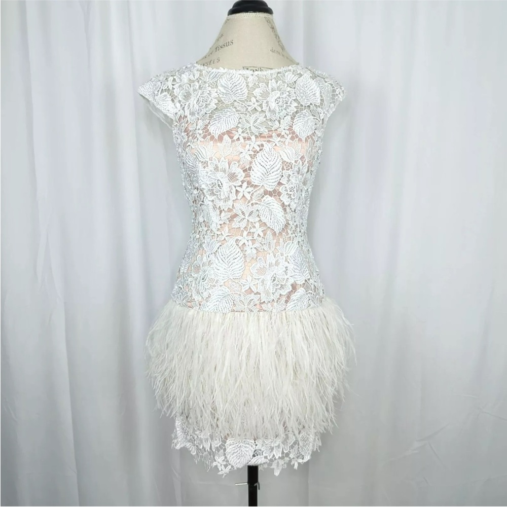 Jovani White Lace Ostrich Feathers Mini Dress Sz 4 Open back